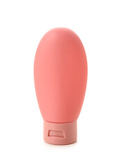 Bottle of travel cosmetic product isolated on white background