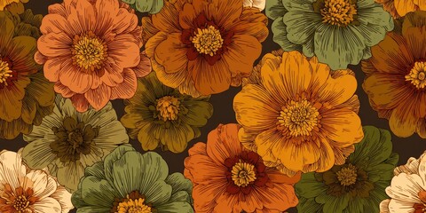 Autumnal floral pattern with rich, earthy tones and detailed blooms