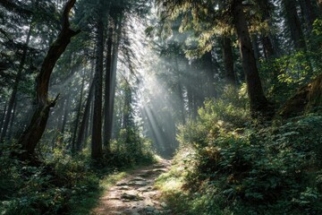 Naklejka premium Sunbeams pierce misty forest path, illuminating lush greenery and rocky trail
