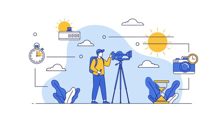 Illustrative scene showcasing a photographer capturing time with digital and analog tools