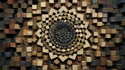 Geometric mandala pattern created with precisely arranged wooden blocks, meditative design --ar 16:9