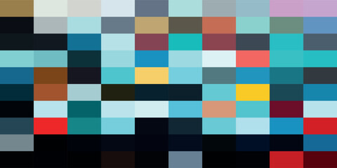 Abstract pixelated artwork with a grid of squares in shades of blue, brown, red, yellow, and black.