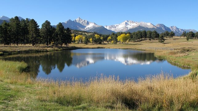 Serene mountain reflection scene with tranquil lake and autumn scenery