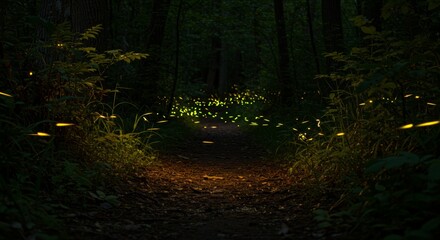 Obraz premium Magical night scene with fireflies illuminating a forest path during summer season