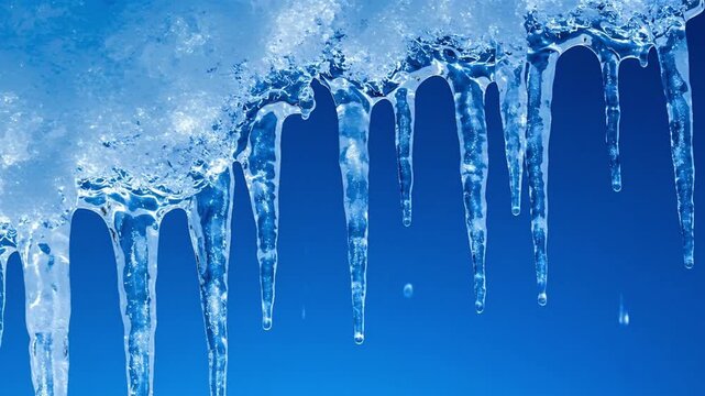A row of icicles hangs from a snowcovered surface against a clear blue sky