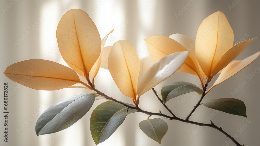 Poster delicate botanical branch with translucent golden and opaque green leaves in soft backlit light