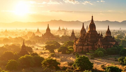 Mystical Sunrise Over Bagan's Ancient Pagodas and Temples, A Breathtaking Vista