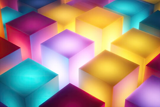 Vibrant, glowing cubes in various colors forming a geometric pattern