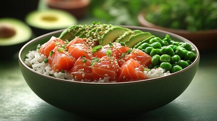 Healthy Salmon Poke Bowl with Fresh Avocado, Green Peas, and Rice, Topped with Sesame Seeds and Chives