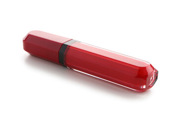 Bright new red lipstick on white background