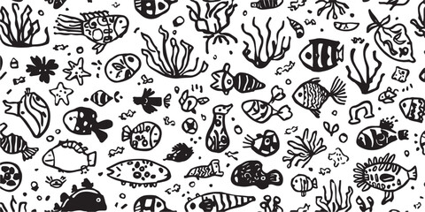 Black and White Seamless Pattern of Hand Drawn Sea Life featuring Fish Algae and Sea Stars for Textile Design and Creative Projects