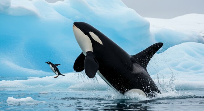 Spectacular breach of an orca alongside an antarctic penguin in icy waters