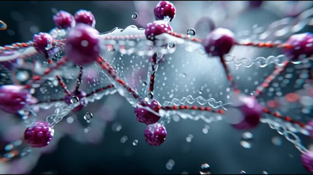 Synthesis protein. Molecular biology. Genetic code. Ribosome. Amino acid biosynthesis. Abstract representation of molecular structure with water droplets.