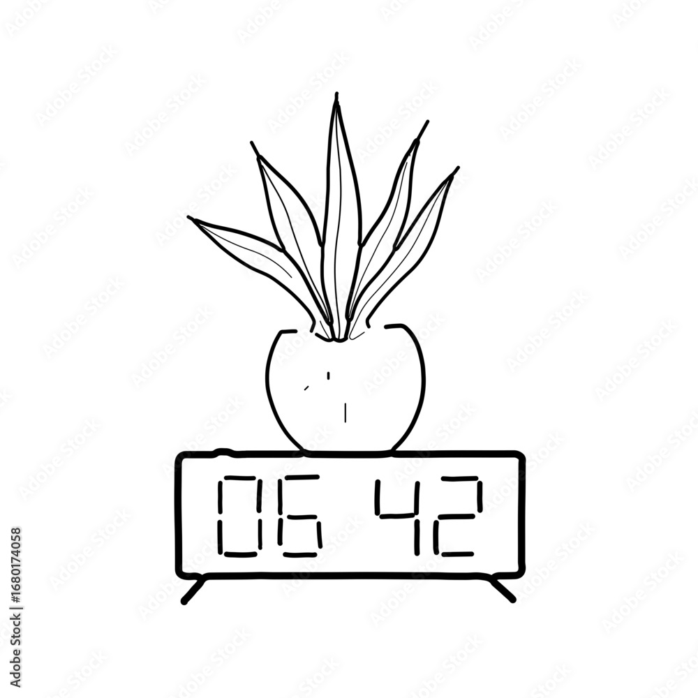 Poster stylized plant on a digital clock in a sketch style for design projects or creative concepts
