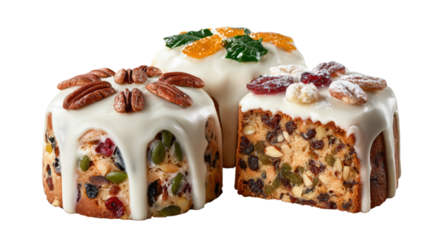 Traditional holiday fruitcakes decorated with nuts, candied fruits, and icing isolated on a white background