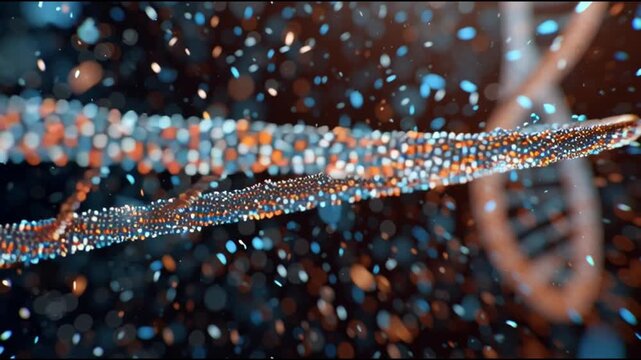 Synthesis protein. Molecular biology. Genetic code. Ribosome. Amino acid biosynthesis. Abstract representation of DNA strands with colorful particles.
