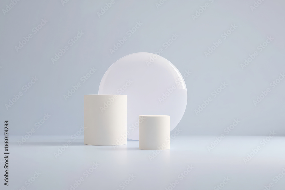 Poster minimalist scene with two white cylindrical objects and a large oval shape