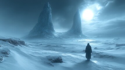 Solitary Figure Traversing a Vast, Frozen Alien Landscape with Towering Crystalline Ice Spires Under a Bright, Ethereal Sky