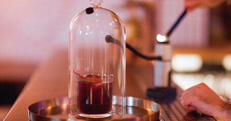Preparing alcoholic beverage. Pub glassware. Barman hand lightning fire on smoking gun for cocktail...