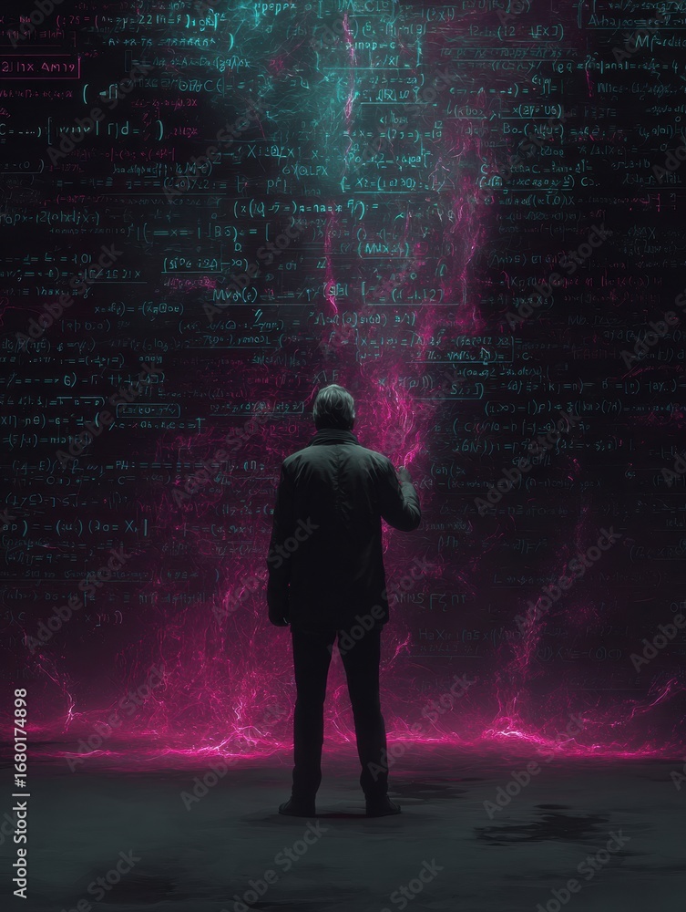 Poster a figure stands before a glowing wall of equations in a dark space, exploring the mysteries of mathe