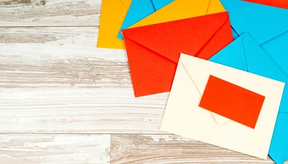 Colorful envelopes arranged on a wood surface, leaving empty space