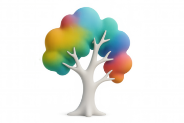 Stylized digital tree rendering featuring multicolored leaves, symbolizing diversity, personal growth, and ecological consciousness against transparent backdrop