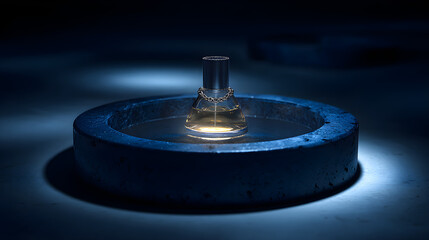Glowing glass perfume bottle suspended within a dark blue ceramic ring, mysterious product presentation --ar 16:9