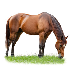 Fototapeta premium Horse grazing A horse lowers its head to nibble grass or plants, body relaxed. full length isolate on transparent background