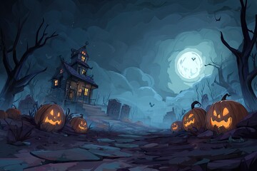 Spooky Halloween night scene with haunted house, pumpkins, and graveyard