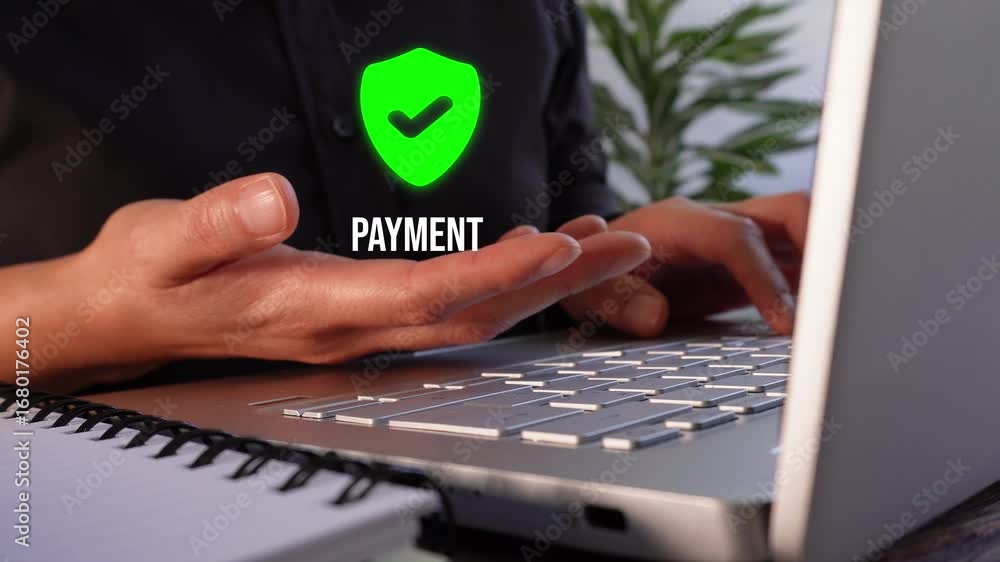 Aufkleber successful and secure online payment. a person in front of a computer holding an animated check mark