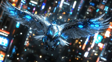 Cybernetic avian guardian soars above dazzling cityscape in futuristic vision