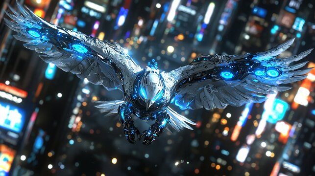 Cybernetic avian guardian soars above dazzling cityscape in futuristic vision