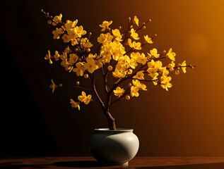 Refined Yellow Apricot Blossoms in Traditional Vase