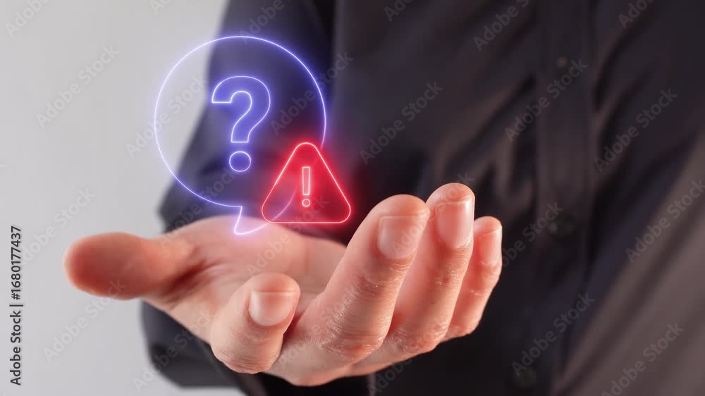 Poster question with a security warning. a person's hand holding a virtual icon of a question with a warnin