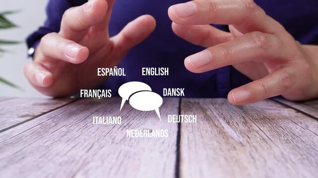 Conversation translation. Close-up of a businesswoman's hands protecting an animation of thought bubbles with multiple languages ​​around them.