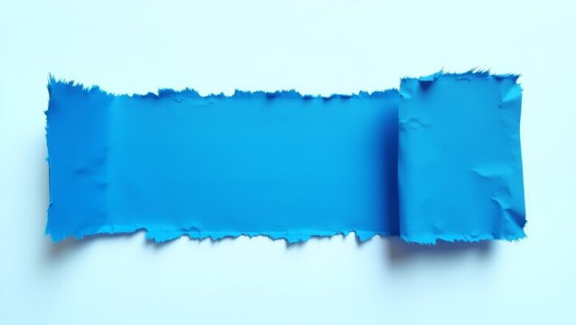 Abstract torn paper composition – bright blue paper piece with uneven edges and fibrous strands exposed, rough texture enhancing depth and realism.