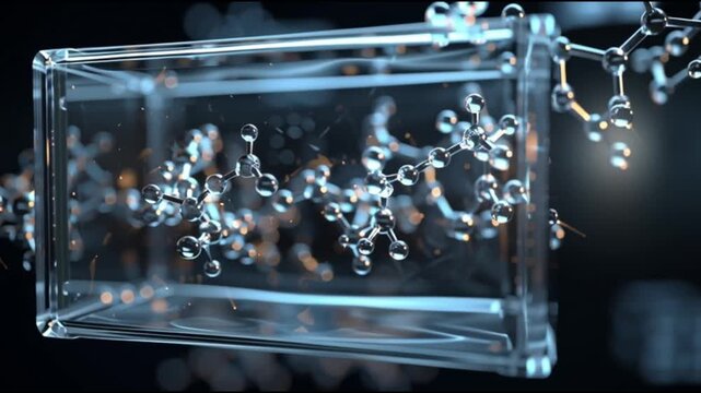 Synthesis protein. Molecular biology. Genetic code. Ribosome. Amino acid biosynthesis. An abstract representation of molecular structures in a glass container.