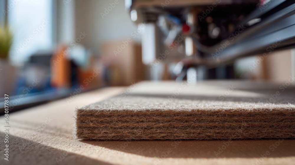 Poster close medium view of hempfiber panel forming layer by layer on a 3d printer bed detailed fiber textu