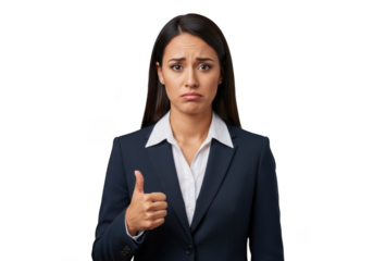 Disappointed businesswoman giving thumbs up isolated portrait with suit and transparent background isolated on transparent background