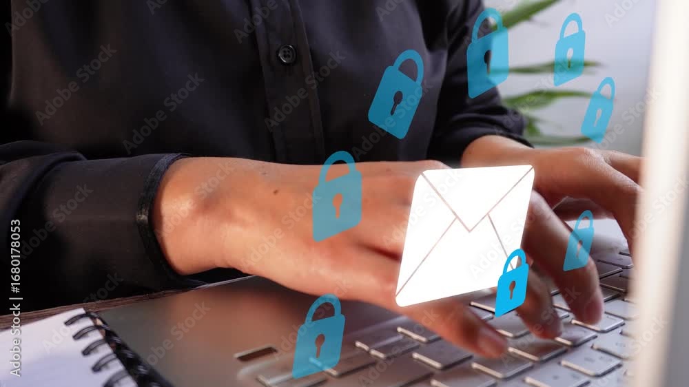 Aufkleber secure email. close-up of a businesswoman's hands working on her computer, with an email animation w