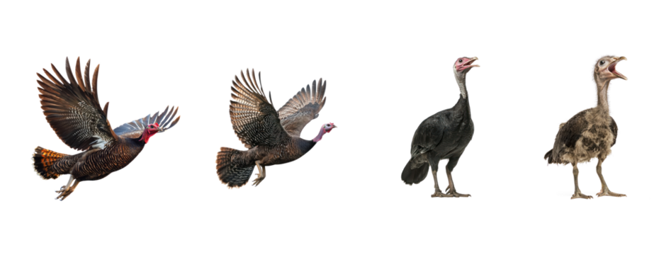 Collection of Turkey flying A turkey takes off in mid-air, wings fully spread. full length isolate on transparent background