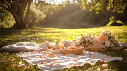 A flower-adorned picnic setup in a sunny clearing with blankets and petals 
