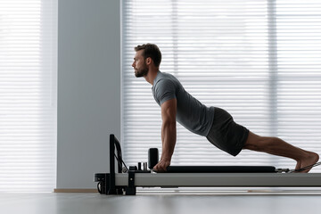 Fototapeta premium Man doing pilates exercise on reformer in gym