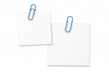 White blank notes fastened with blue paperclips against transparent backdrop, providing clean minimal space for graphic design or messaging
