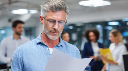 Medium shot of a focused expert reviewing supplier data sheets classroom and coworkers blurred subtly behind.