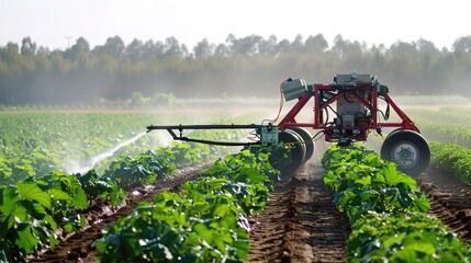 Agricultural irrigation robot with a compact green and gray body, moving across a farm field to spray water evenly on crop rows like wheat or corn, connected to a water tank and equipped with sensors 