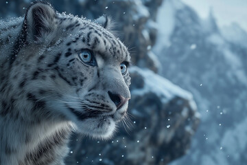 Stunning snow leopard in winter mountains with icy blue eyes