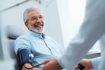 Doctor measuring blood pressure of smiling senior patient