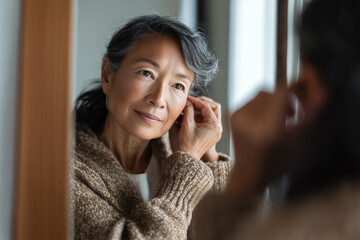 Elegant senior woman putting on earrings in front of mirror