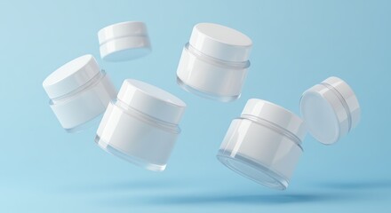 Minimalist Cosmetic Jars Floating on Gradient Background.